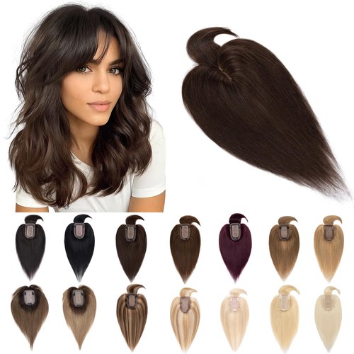 SEGO Hair Toppers for Women Real Human Hair With Bangs 7 * 13CM Silk Base 100% Remy Human Hair Clip in Top Wiglet Hair Pieces for Thinning Hair /12 Inch Dark Brown