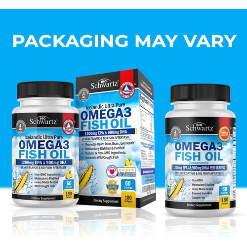 Triple Strength Omega 3 Fish Oil Supplement - 2250mg EPA DHA Omega 3 Fatty Acids from Wild Caught Fish, Supports Joint, Eyes, Brain Health - Burpless Lemon Flavor, Gluten Free, 180 Omega3 Softgels