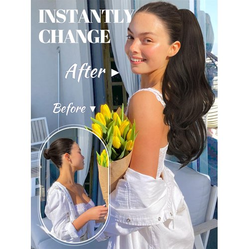 KooKaStyle Ponytail Extensions, 22 inch Dark Brown Long Drawstring Wavy Clip in Ponytail Hair Extensions Layered Synthetic Hairpiece for Women