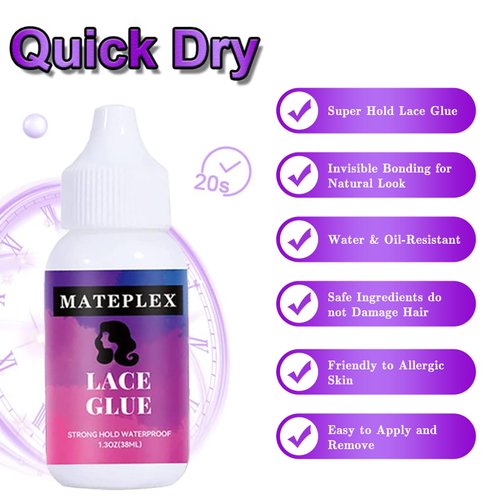 Lace Wig Glue for Front Lace Wig, Waterproof Super Hold Wig Glue with Tools, Invisible Hair Bonding Glue for Lace Front Wig and Poly Hairpieces, Toupee, Cosmetic Hair Systems 1.3OZ