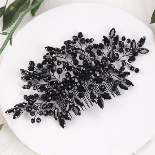 Kercisbeauty Black Crystal Beads Statement Big Hair Comb for Wedding Brides Women Girls Handmade Hair Pieces Jewelry Halloween Punk Hair Band