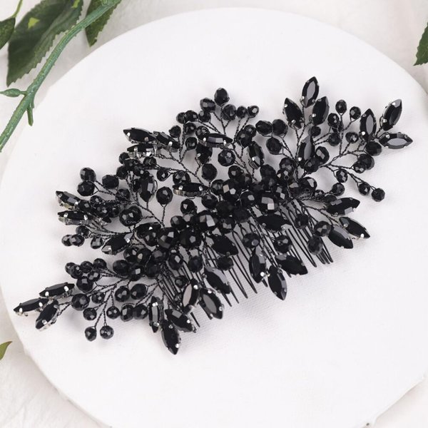 Kercisbeauty Black Crystal Beads Statement Big Hair Comb for Wedding Brides Women Girls Handmade Hair Pieces Jewelry Halloween Punk Hair Band