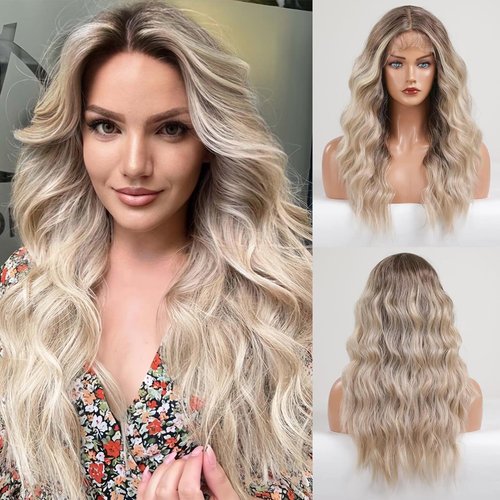 Alanhair Lace Front Wigs for Women, Long Ombre Blonde Natural Wavy Middle Parting Synthetic Wigs ...