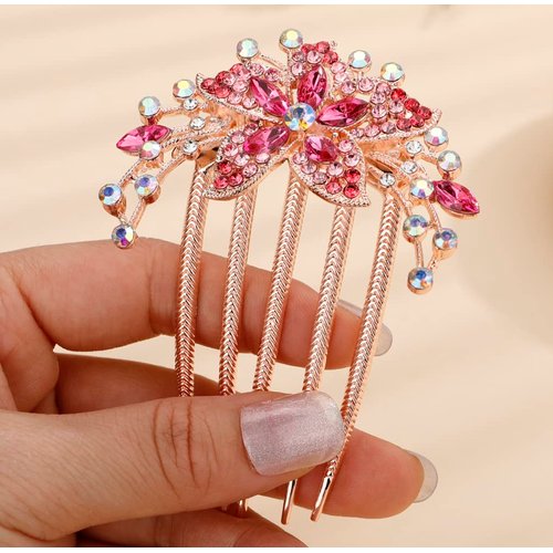 Missgrace Boho Prom Party Flower Floral Hair Combs Blue Pink Purple Champagne Bridal Wedding Shiny Hair Comb Crystal Rhinestones Women Hair Side Combs Hair Accessories for Women (Pink)