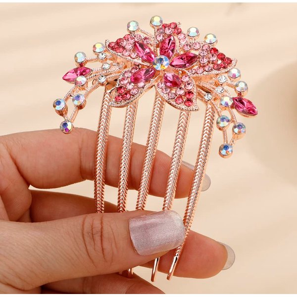 Missgrace Boho Prom Party Flower Floral Hair Combs Blue Pink Purple Champagne Bridal Wedding Shiny Hair Comb Crystal Rhinestones Women Hair Side Combs Hair Accessories for Women (Pink)