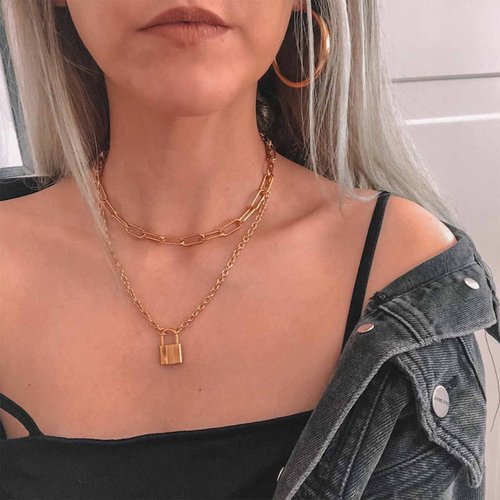 Yheakne Punk Layered Lock Choker Necklace Gold Padlock Pendant Necklace Chunky Paper Clip Chain Necklace Vintage Statement Necklace Chain Jewelry for Women and Girls Gifts for Her