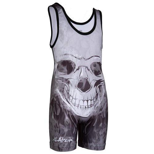 KO Sports Gear - Unisex Wrestling Singlet (Reaper Skull, Youth Medium)