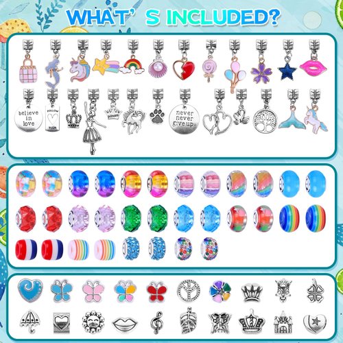 VICTLOV Charm Bracelet Making Kit, DIY Craft for Girls, Unicorn/Mermaid Crafts Gifts Set for Arts and Crafts for Girls Teens Ages 5-12 (Aqua 95 Pieces)