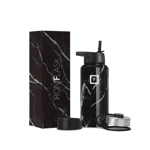 IRON °FLASK Camping & Hiking Hydration Flask, Wide Mouth, 3 Straw Lids, Stainless Steel Outdoor Water Bottle, Double Walled, Insulated Thermos, Metal Canteen - Black Marquina, 32 Oz