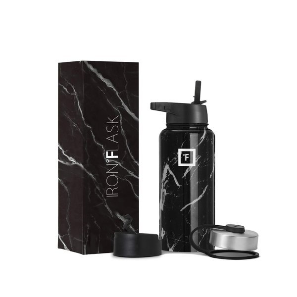 IRON °FLASK Camping & Hiking Hydration Flask, Wide Mouth, 3 Straw Lids, Stainless Steel Outdoor Water Bottle, Double Walled, Insulated Thermos, Metal Canteen - Black Marquina, 32 Oz