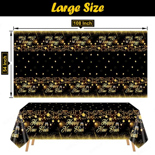 MiniRed Happy New Year Plastic Table Cloth for Parties, Plastic Table Cover 2025, Disposable Party Table Clothes Decorations Supplies(108” X 54”)