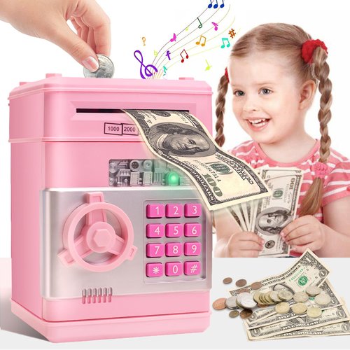 civan ATM Piggy Bank for Kids, Electronic Money Saving Box with Password, Safe Cash Coin Saving Bank Toys for Ages 8-13 3-8 Kids Girls Boys Birthday (Pink)