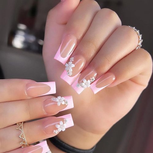 AkiliBIELY Short Medium Press on Nails French Tip Square Pink White Bare Nude Fake Nails Acrylic Gel Glue on Nails Floral Flower Fantasy Stick on Nails For Women False Nails Wedding Birthday