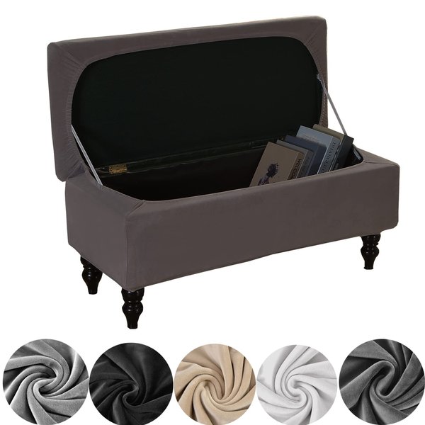 Storage Ottoman Cover,Stretch Velvet Rectangle Storage Bench Cover Jacquard Ottoman Covers Rectangle Folding Storage Bench Ottoman Cover Footrest Stool Slipcover with Elastic Bands Dark Grey Small