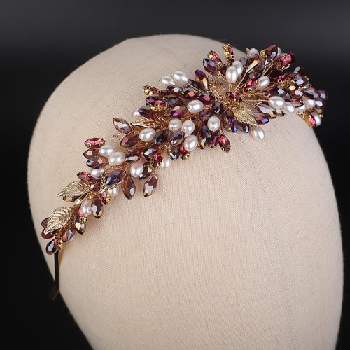Teyglen Bridal Wedding Crystal Headband Red Rhinestone Pearl Beads Headband Hair Crown Handmade Leaf Headpiece Hair Accessories for Women Party Prom (Wine red)