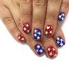 4th of July Press on Nails Short Square Fake Nails Tricolor Full Cover America Flag False Nails with White Star Designs Glossy Glue on Nails Petite Acrylic Manicure Artificial Nails for Women Girls