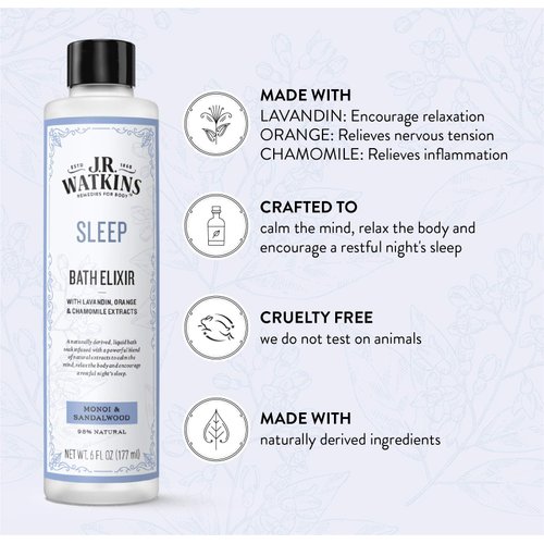 J.R. Watkins Sleep Bath Elixir, Liquid Bath Soak, Monoi & Sandalwood with Natural Extracts, No Salt, No Residue, 6 oz