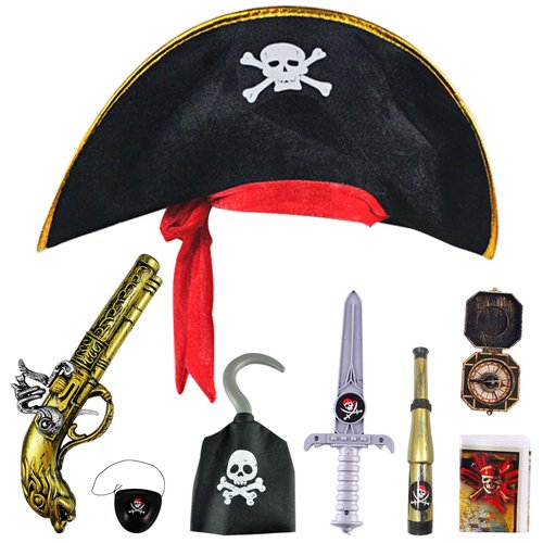 8 Pcs Pirate Accessories Halloween Kids Pirate Theme Pretend Party Toys Set Kids' Party Cosplay Pirate Dress Up Supplies with Pirate Hat Sword Pistol Eye Patch Telescope Compass Pirate Hook Map