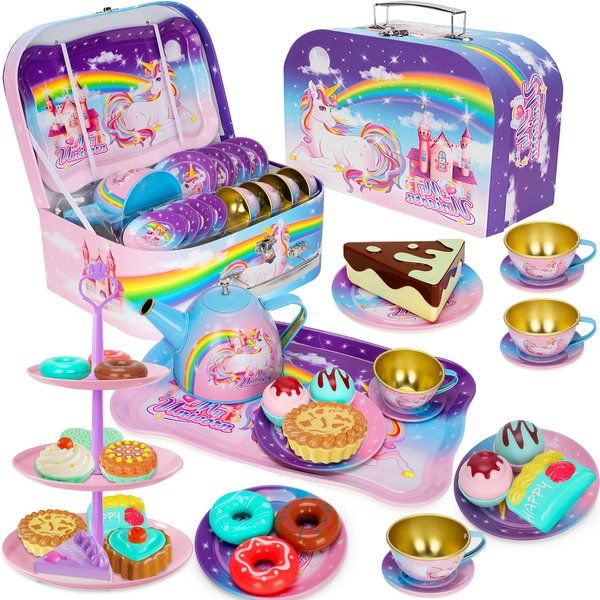 KMUYSL Girl Toys for 3+ Years Old, Tea Party Set for Little Girls, Kitchen Pretend Toy for Kids 3 4 5 6 Year Old, Girls Toys with Tin Tea Set, Desserts & Carrying Case, for Girls