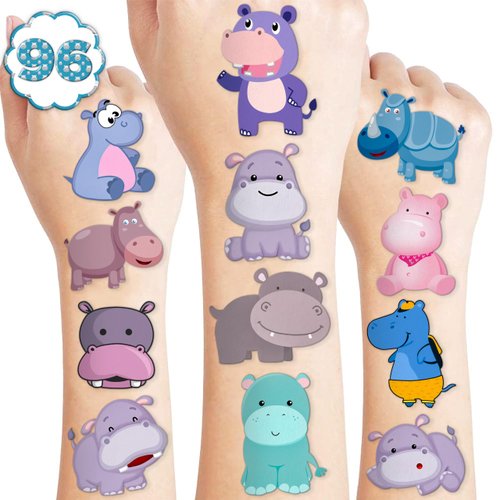 101PCS Little Hippo Hippopotamus Tattoos Temporary Stickers Theme Birthday Party Favors Decorations Supplies Decor Cute Funny Jungle Animals Tattoo Gifts For Kids Boys Girls School Prizes Carnival