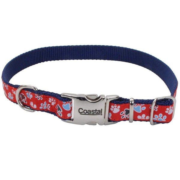 Coastal - Ribbon - Adjustable Dog Collar with Metal Buckle, Red with Paws, 5/8" x 12"-18"
