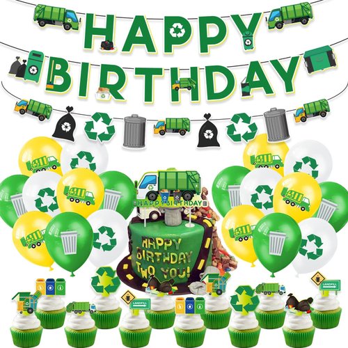 35 Pieces Garbage Truck Birthday Party Supplies Includes Garbage Truck Happy Birthday Banner, Garland, Cake Topper, Cupcake Toppers, Balloons for Trash Truck Waste Management Recycling Party Supplies