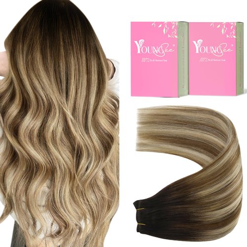 YoungSee Sew in Hair Extensions Double Weft Hair Extension Human Hair Dark Brown Roots Blending into Medium Brown with Warm Blonde Highlight Soft and Smooth Sew in Real Hair Extensions 100G 18Inch