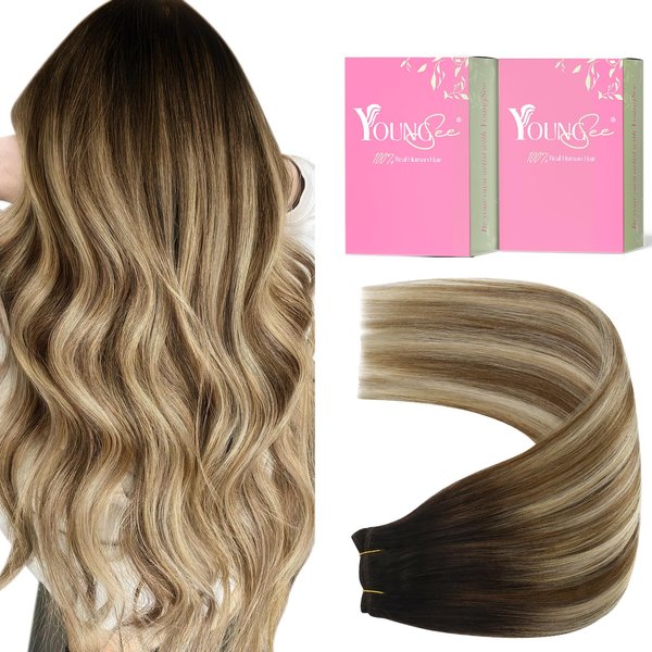 YoungSee Sew in Hair Extensions Double Weft Hair Extension Human Hair Dark Brown Roots Blending into Medium Brown with Warm Blonde Highlight Soft and Smooth Sew in Real Hair Extensions 100G 18Inch