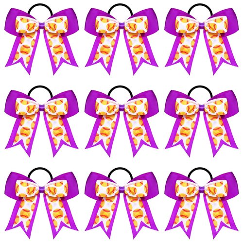 MTLEE 9 Pcs 7.5 Inch Purple Softball Ribbon Hair Bows Cheer Hair Bows Elastic Scrunchies Hair Bands Cheerleader Bows Volleyball Sports Ball Ponytail Holder Sport Hair Accessories for Girl Player