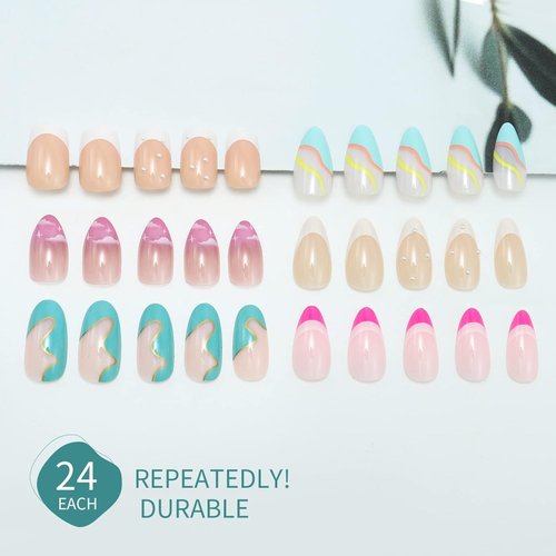 6 Packs (144 Pcs) Press on Nails Medium Design, Misssix Short Fake Nails Almond French Glue on Nails Set with Adhesive Tabs Nail File for Women