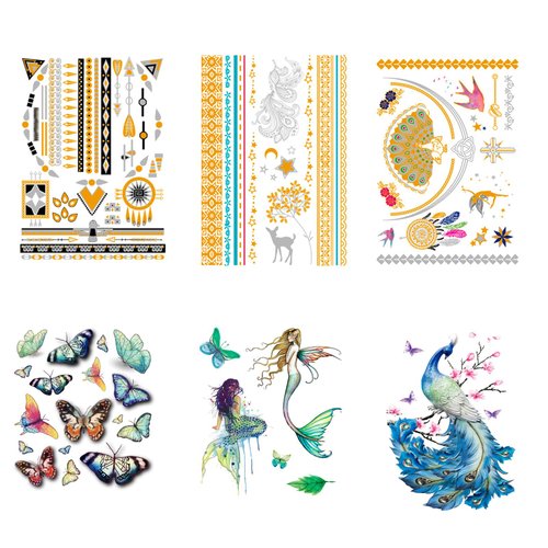 6 Sheet Women DIY Realistic Temporary Tattoos,Strong Adhesive Fake Temporary Tattoo for Birthday Pool Beach Party Decorations Supplies|Girls Face,arm,lower back,Body Waterproof Tattoo Stickers(Blue)