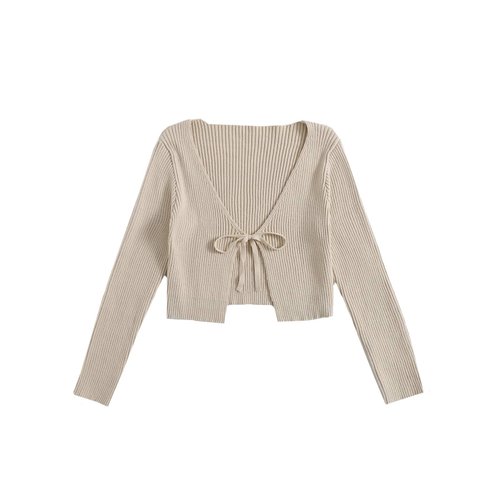 Floerns Women's Tie Front Long Sleeve Rib Knit Shrug Sweaters Cardigan Crop Top A Khaki M