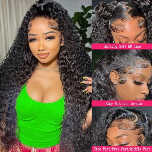 Deep Wave Lace Front Wigs Human Hair 13x4 HD Lace Front Wigs Pre Plucked Bleached Knots 200% Density Glueless Wigs Human Hair With Baby Hair Deep Curly Human Hair Wig For Women Natural Color 28 Inch