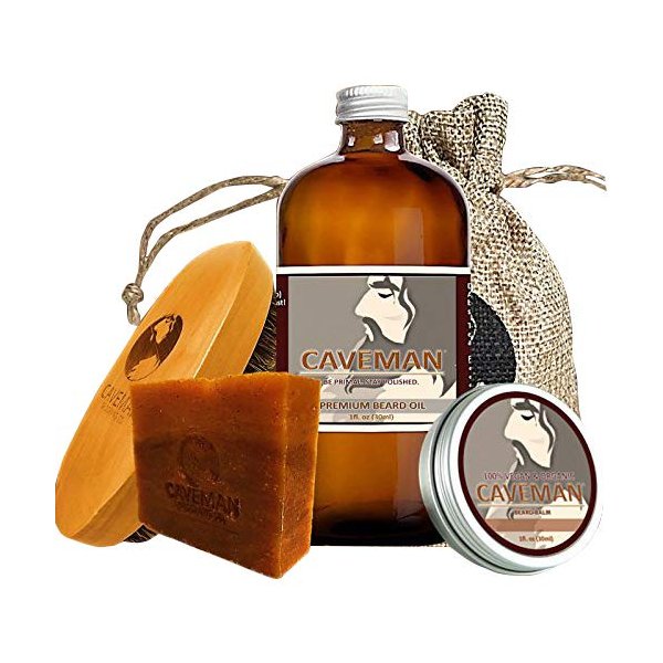 Caveman Beard Oil, Beard/Mustache Balm Wax, Beard and Body Soap, Boar's Hair Brush Set in Drunken Caveman (Bay Rum) Scent