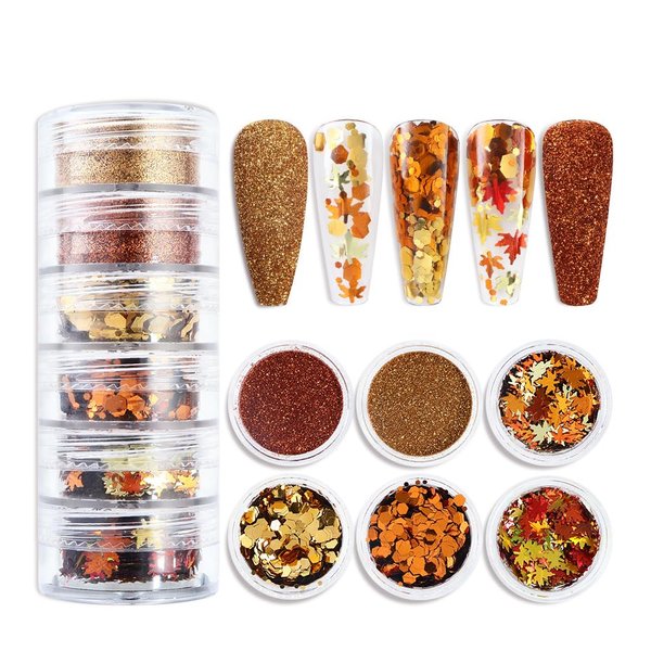 Fall Nail Art Glitters Thanksgiving Maple Leaf Nail Sequins Set of 6 Boxes Autumn Leaves Nail Art Decoration Accessories Golden Fall Leaf Nail Decals Fall Nail Glitters for Women Manicure DIY
