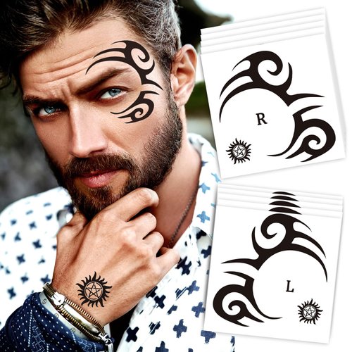 10-Pack Tribal Face Tattoo Temporary Stickers for Halloween, 3.7 x 3.7 Inch Black Tribal Temporary Tattoos for Men, Women and Kids