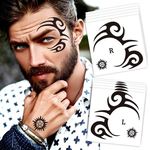 10-Pack Tribal Face Tattoo Temporary Stickers for Halloween, 3.7 x 3.7 Inch Black Tribal Temporary Tattoos for Men, Women and Kids