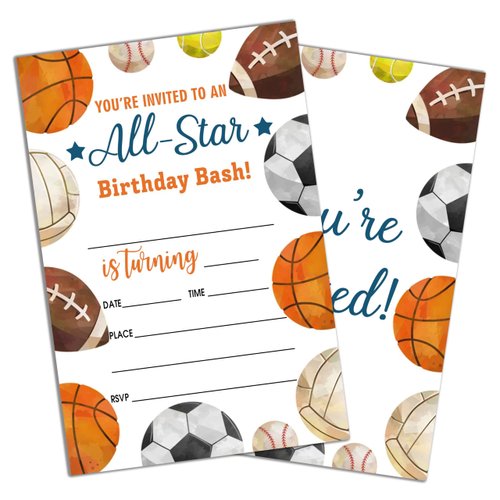 Sports Style Fill-In Birthday Invites(4"x6"), All Star Birthday Invitations with Envelopes(20-Pack), Birthday Party Supplies for Boys & Girls, Teen, Kids-A02
