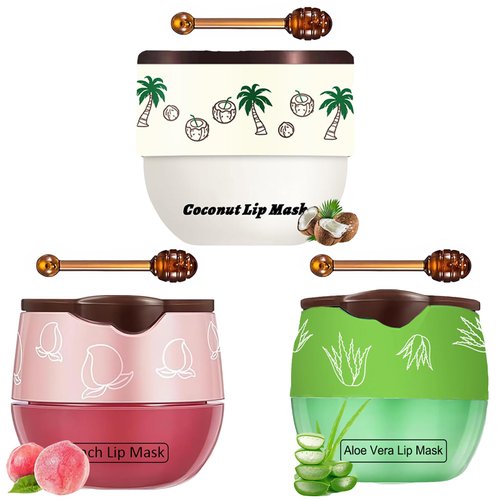 TIRDET 3PCS Bee Lip Balm Honey Pot, Exfoliating Coconut Aloe Vera Peach Bee Lip Balm Sleeping Lip Mask Overnight with Sticks, Honey Pot Lip Balm Prevention Dry Hydrating and Crack Lip Scrubs