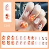 Cute Halloween Press on Nails Short Square Orange Fake Nails with Ghosts & Flower Design Orange Yellow Checkered False Nails Nude Acrylic Glue on Nails Stick on Nails for Women Girls 24pcs Nail Decor