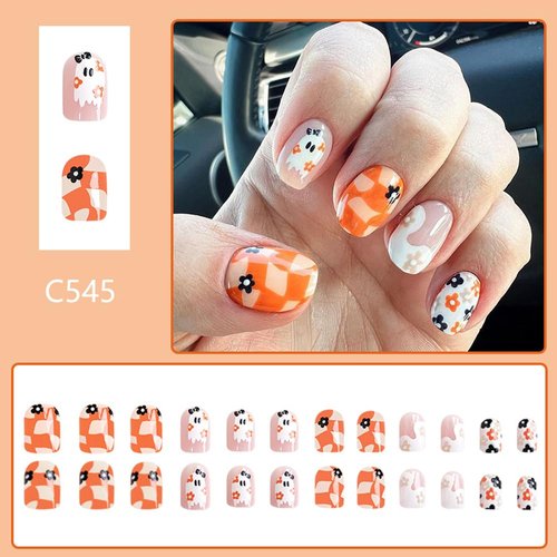 Cute Halloween Press on Nails Short Square Orange Fake Nails with Ghosts & Flower Design Orange Yellow Checkered False Nails Nude Acrylic Glue on Nails Stick on Nails for Women Girls 24pcs Nail Decor