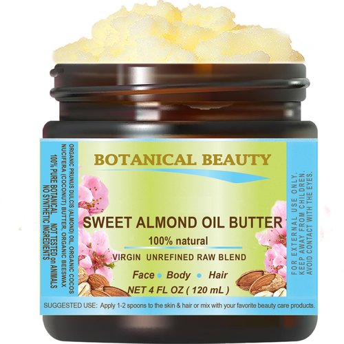 Botanical Beauty SWEET ALMOND OIL BUTTER Pure Natural Virgin Unrefined RAW 4 Fl. Oz.- 120 ml for FACE, SKIN, BODY, DAMAGED HAIR, NAILS.