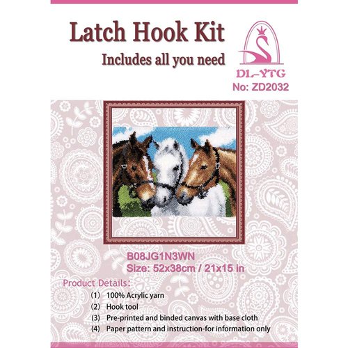DL-YTG Latch Hook Kits Rug Three Horses Crochet Yarn Cushion Colour Pre-Printed Canvas Cover Rug Needlework DIY Hook and Latch Kit Home Decoration 52x38cm/20 X15 inch