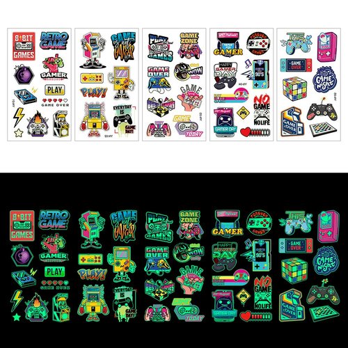 10 Sheet Gamer Stickers Glow in Dark Gaming Temporary Tattoos Video Game Gifts for Kids Classroom Rewards Gamer Birthday Party Supplies
