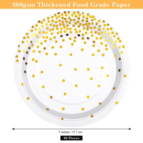 Aneco 60 Pieces 7 Inches Disposable Paper Plates White and Gold Foil Dot Dessert Plates Round Paper Plates for Wedding Bridal Shower Birthday Party Decorations