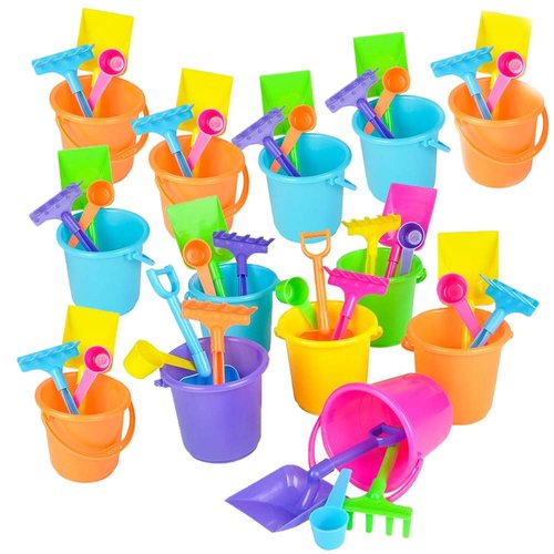 ArtCreativity 4 PC Mini Beach Playsets - Set of 12 - Each Play Set Includes 1 Sand Bucket, 1 Shovel, 1 Rake, and 1 Scoop - Birthday Treats for Boys and Girls Party Favors for Kids and Toddlers