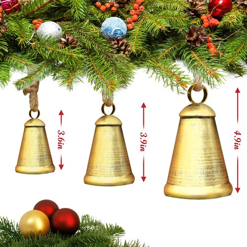 Christmas Bells for Decoration, Set of 3 Harmony Cow Bells, Vintage Handmade Rustic Hanging Bells, Metal Vintage Decorative Bells with Jute Hanging Rope