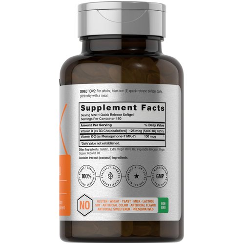 Horbäach Vitamin D3 K2 | 5000iu of Vitamin D & 100mcg MK-7 Complex | 180 Softgel Capsules | Non-GMO & Gluten Free Supplement