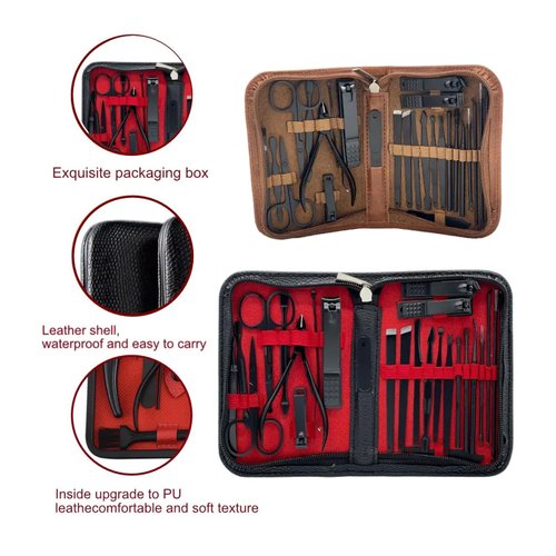 Manicure Set - Complete Stainless Steel Nail Clippers and Care Tools Set in Luxurious Leather Travel Case - Portable 26-Piece Travel Nail Kit (Brown)