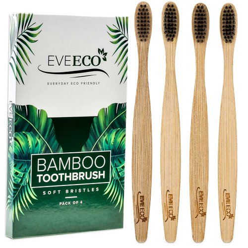 EveEco 4 Count I Bamboo Toothbrush I Soft Bristles Best for Sensitive Gums I Charcoal I Vegan I Natural Wood I BPA Fee I Recyclable I Compostable I Biodegradable | Environmentally Friendly